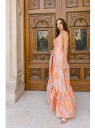 Evelin – farebné vzorované maxi šaty s výstrihom v tvare srdca a volánikovou sukňou