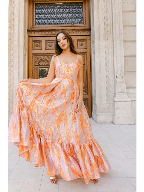 Evelin – farebné vzorované maxi šaty s výstrihom v tvare srdca a volánikovou sukňou