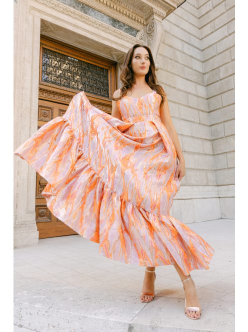 Evelin – farebné vzorované maxi šaty s výstrihom v tvare srdca a volánikovou sukňou