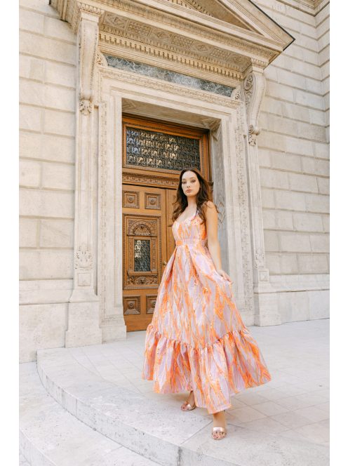 Evelin – farebné vzorované maxi šaty s výstrihom v tvare srdca a volánikovou sukňou